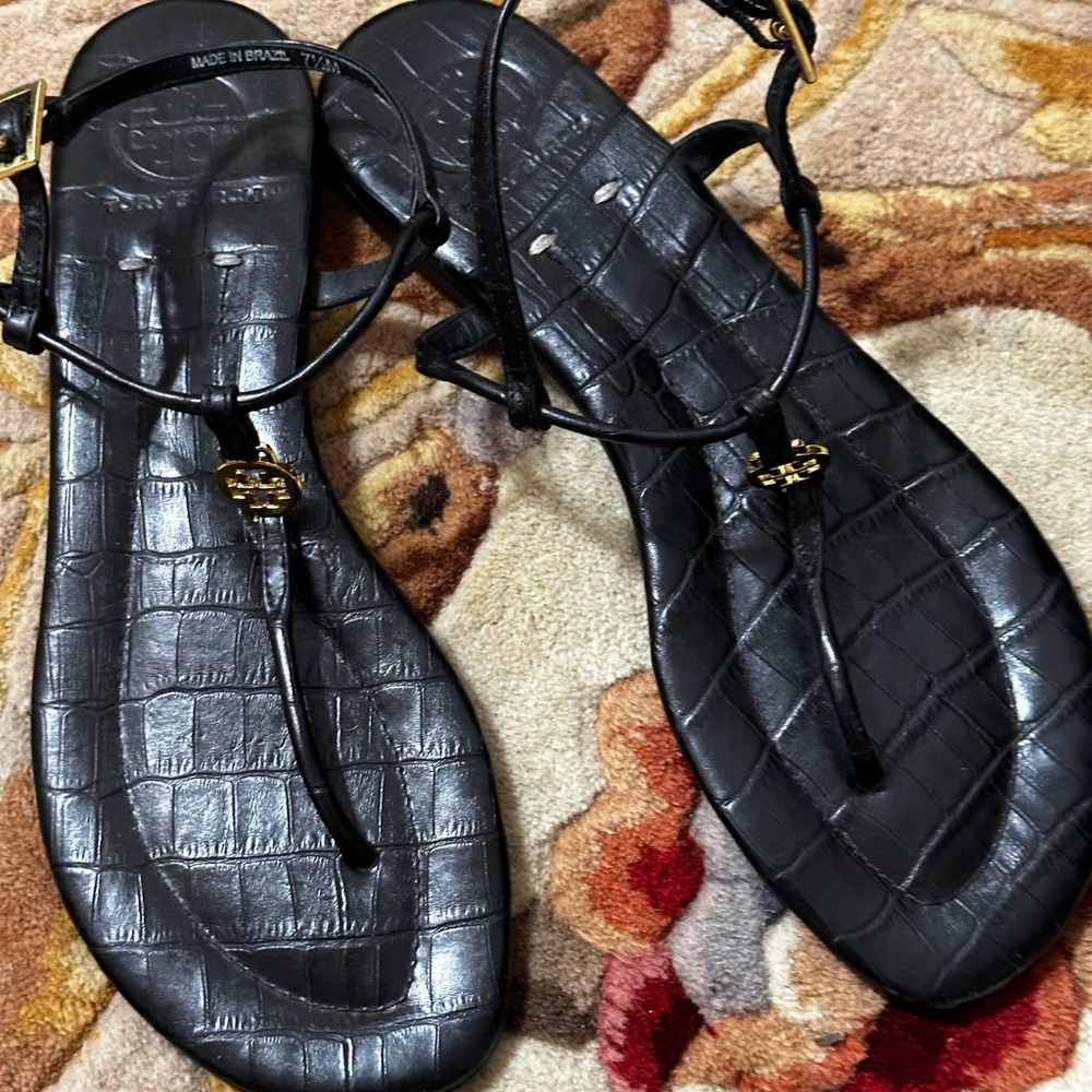 Tory Burch Black Croc-Embossed Sandals